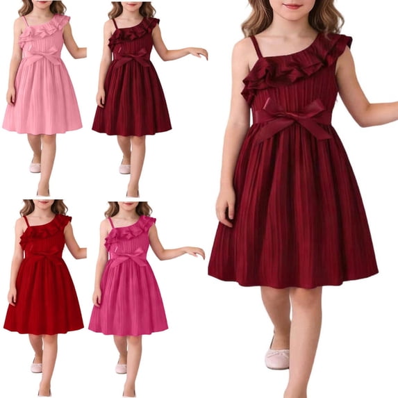 Afuyipoi Girls'Summer Dress(For 4-9), Ruffle Hem Solid Color Ruffle Collar Shoulder Wiht Bow Knee-Length Dress For Girls Pink 7-8 Years
