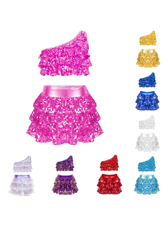 Girls' Summer Outfit Sets Solid Color Sequins Hip - Hop Two - Piece Set Red Size 3T