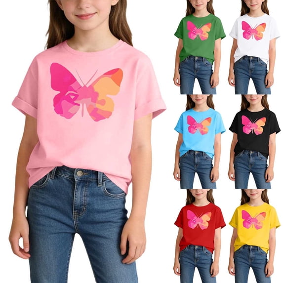 Afuyipoi Girls Summer T-shirts (For 2-14), Graphic Round Neck Short Sleeve Casual Tops For Girls Pink 4-6 Years