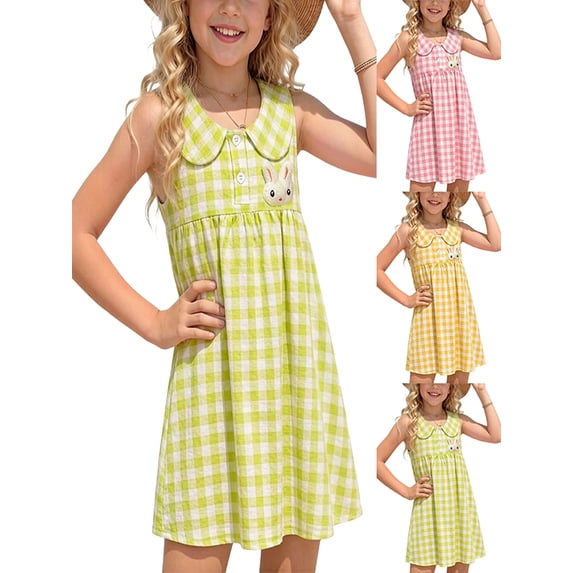 Afuyipoi Girls Sundress Size 0-10 Cute Rabbit Embroidery Causal Plaid Dress for Kids Daily Outddors School Green Size 5