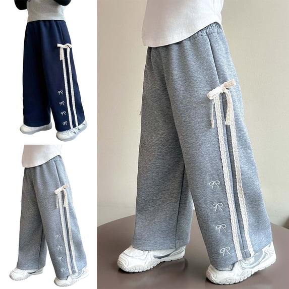 Afuyipoi Girls Wide Leg Sweatpants Cotton Elastic Waist Active Casual Track Pants with Side Bows Size 2-9 Years Navy Size 2T