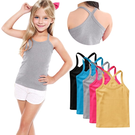 Afuyipoi Girls Y-Back Tank Tops 5-Pack for Kids,Comfortable Fashion Cute Cotton Sleeveless Summer Causal Camisole Yellow 12-13