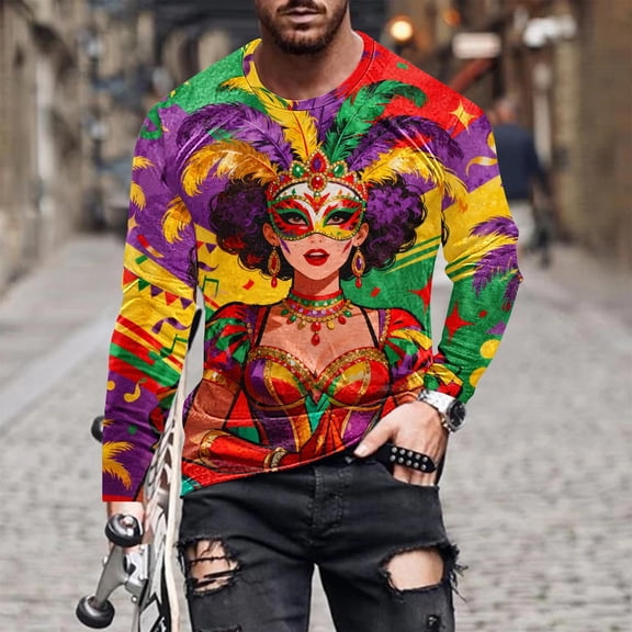 Afuyipoi Graphic Tees for Men,Holiday Round - Neck Pullover Long - sleeve Shirts Multicolor 3XL