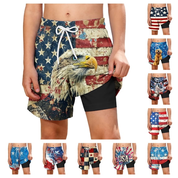 Afuyipoi Independence Day Shorts for Boys,Patriotic Print Double Layer Side Pockets Quick Dry Swim Trunks 5-6