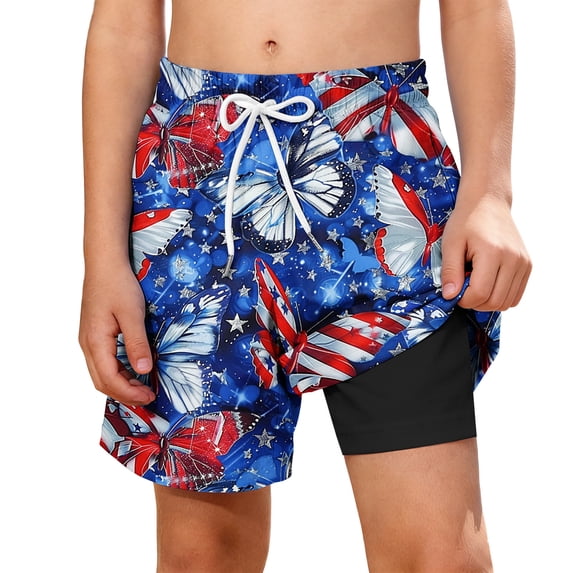 Afuyipoi Independence Day Shorts for Boys,Side Pockets Double Layer Patriotic Print Elastic Waist Swim Trunks 9-10