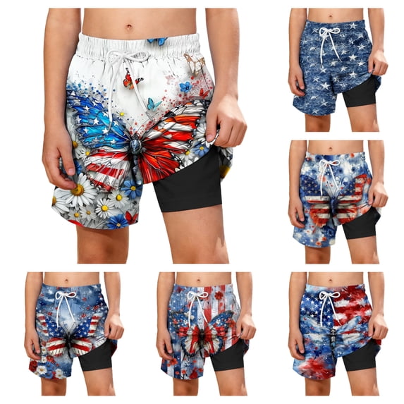Afuyipoi Independence Day Shorts for Boys Size 10-12,Double Layer Patriotic Print Side Pockets Elastic Waist Swim Trunks