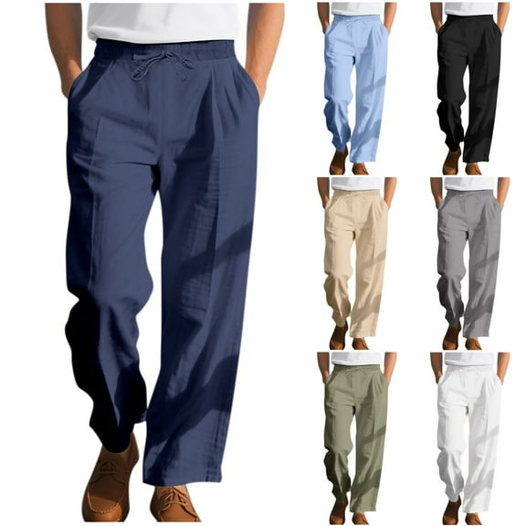 Afuyipoi Khaki Pants for Men,Casual Straight Leg Breathable Drawstring Long Pants Navy M/34