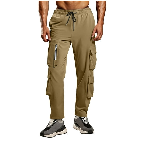 Afuyipoi Khaki Straight Leg Pants for Men,Lightweight Casual Slim Fit Elastic Waist Classic Pants Khaki S/30