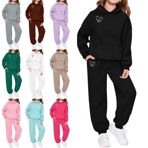 Afuyipoi Kids Cozy Fleece Heart Print Hooded Sweater and Elastic Waist Sweatsuit Pants Set 2-13Y Gray Size 7
