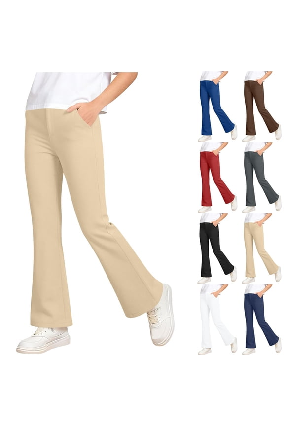 Kids Flare Pants For Boys Girls (For 4-12), Elastic Waist Wide Leg Solid Color Stretch Lightweight Fabric Casual School Bottoms For Kids Red 9-10 Years
