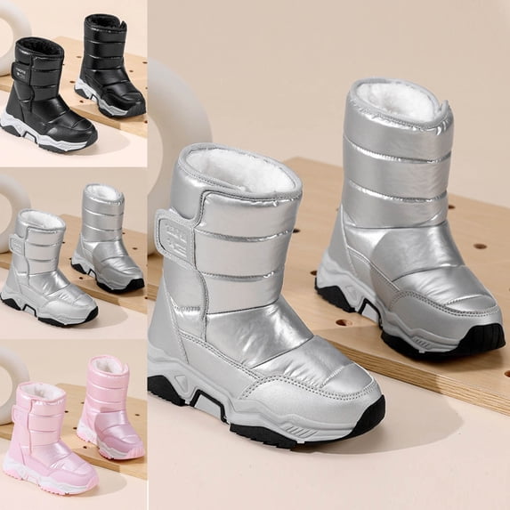 Afuyipoi Kids' Glossy Metallic Outdoor Snow Boots Hook and Loop Winter Warm Active Sport Boots for Boys Girls Size 9.5 Little Kid - 3 Big Kid Silver Size 3 Big Kids