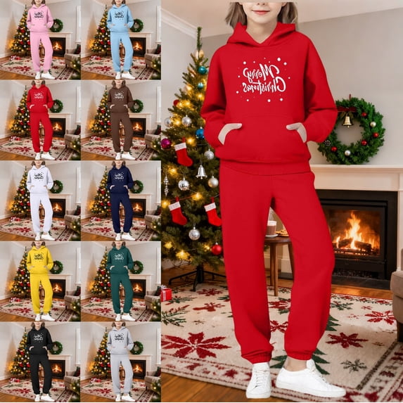 Afuyipoi Kids Holiday Christmas Graphic Print Hooded Sweatshirt and Jogger Pants 2-Piece Set 2-14Y Blue Size 7
