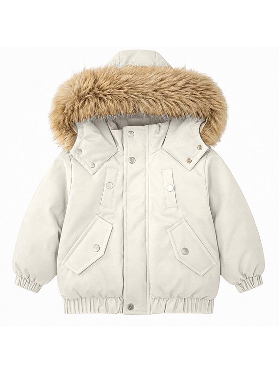 Kids Hooded Faux Fur Trim Quilted Parka with Fleece Lining Warm Outerwear Size 2T