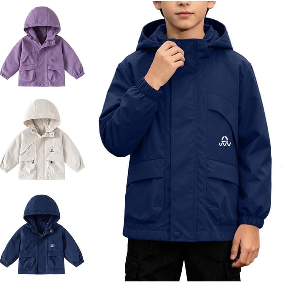 Afuyipoi Kids Hooded Jackets (2-12) Waterproof Zip-Up Lightweight Rain Coat Navy 3T