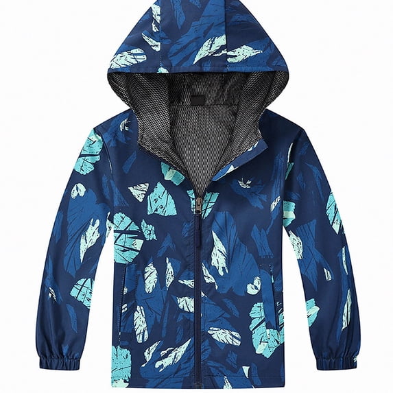 Afuyipoi Kids Print Hooded Jacket Windproof Waterproof Zip Up for Boys Girls Size 4-12 Dark Blue Size 7
