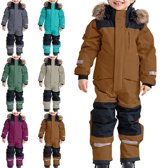 Afuyipoi Kids Ski One-Piece Snowsuit Windproof Hooded Fleece-Lined Jumpsuit Brown 4T