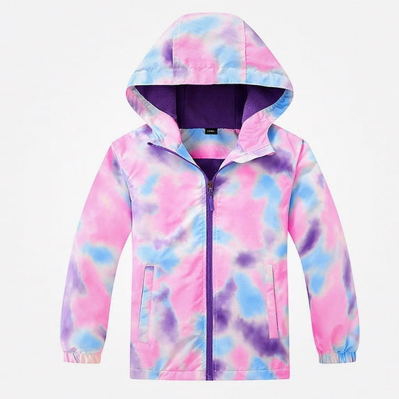 Afuyipoi Kids Tie Dye Hooded Jacket Windproof Waterproof Fleece Lined Zip Up for Boys Girls Size 4-12 Purple Size 4T