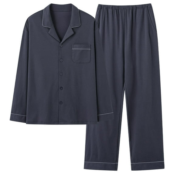 Afuyipoi Long Sleeve Satin Pajamas for Men,Solid Color Lightweight Button-Down Two-Piece Sleepwear Loungewear Navy L