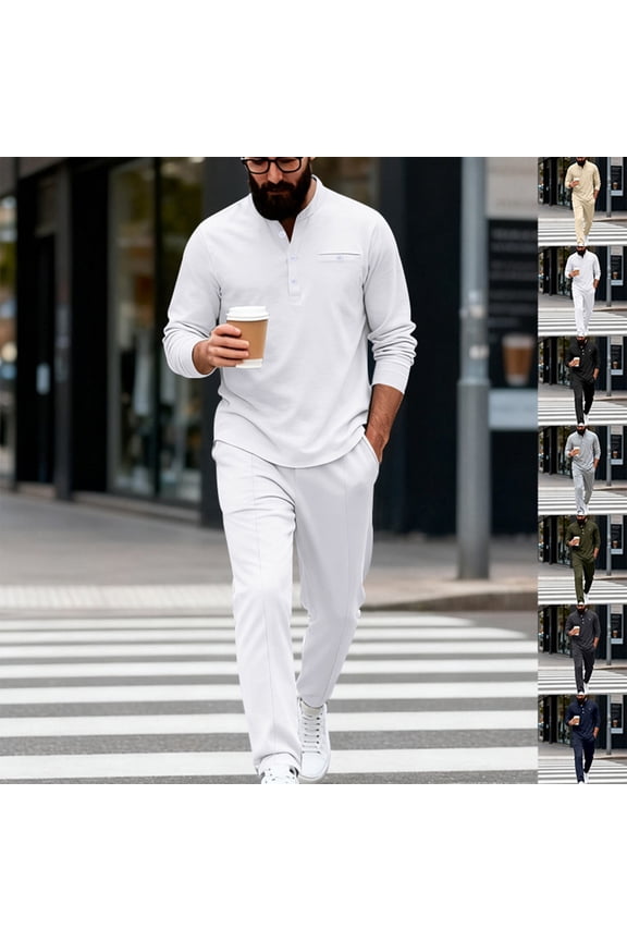 Men Button-Collar Walk Set, Long Sleeve Quick-Dry Elastic Waist Workout Suit for Men Black 3XL