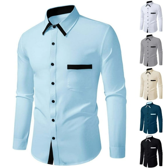 Afuyipoi Men Button Up Shirts Casual Solid,Turndown Collar Lightweight Pockets Dresses Shirt Light Blue 2XL