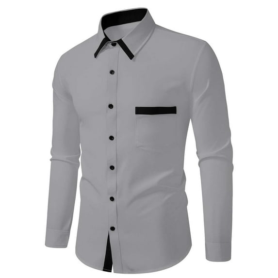 Afuyipoi Men Button Up Shirts Casual Solid,Turndown Collar Pockets Lightweight Dresses Shirt Gray M