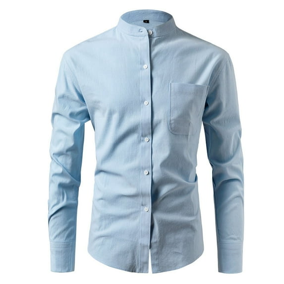 Afuyipoi Men Button Up Shirts Long-Sleeved Shirts,Formal Lapel Casual Solid Stand-up Classic Collar Shirts Light Blue XL