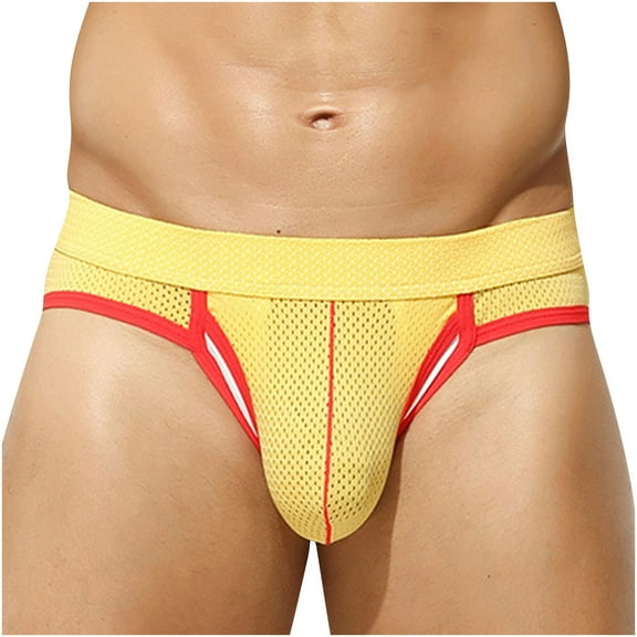 Afuyipoi Men Comforts Brief,Breathable Color Block Mesh Hollowed Soft Underpant Yellow XL
