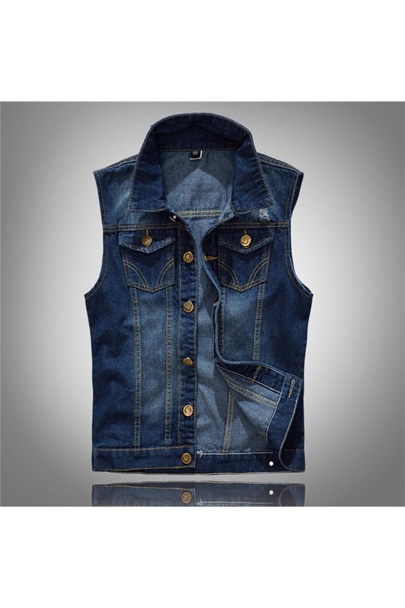 Men Denim Vest Western Collar Sleeveless Button Trucker Cut Dark Blue Size 5XL