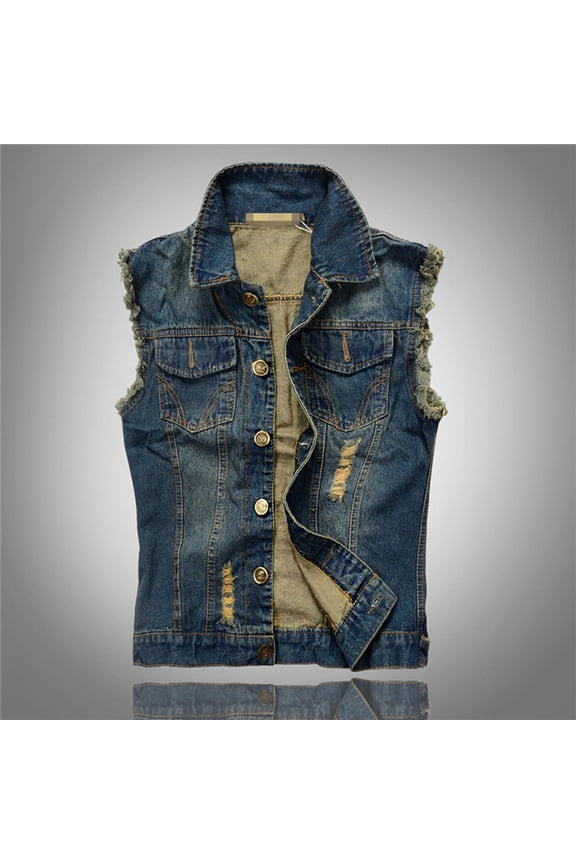 Men Distressed Denim Vest Spread Collar Sleeveless Button Front Classic Fit Dark Blue Size 5XL