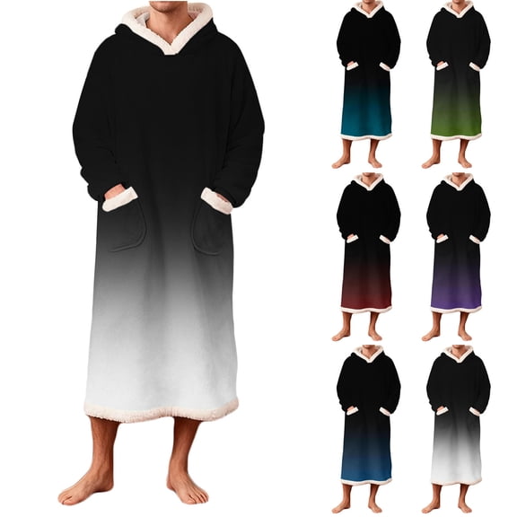 Afuyipoi Men Fleece Gradient Casual Hooded Pocket Pullover Long Sleeve Bathrobe Night Robe, With Pockets Long Sleeve Soft Gradient Hooded Bathrobe White S