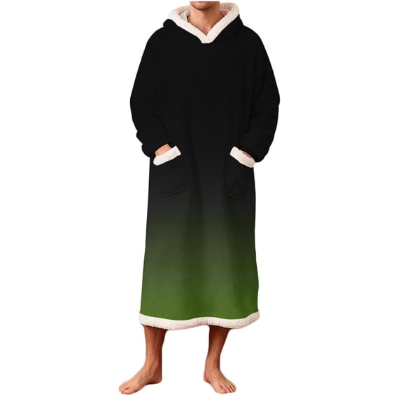 Afuyipoi Men Fleece Gradient Casual Hooded Pocket Pullover Long Sleeve Bathrobe Night Robe, Soft Gradient Hooded Long Sleeve With Pockets Bathrobe Army Green 2XL