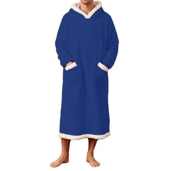 Afuyipoi Men Fleece Pullover Night Robe, Bathrobe Hooded Long Sleeve With Pockets Soft Blue S