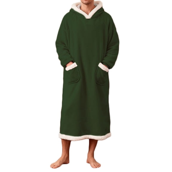 Afuyipoi Men Fleece Pullover Night Robe, Soft Hooded Bathrobe Long Sleeve With Pockets Army Green XL