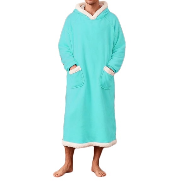 Afuyipoi Men Fleece Pullover Night Robe, With Pockets Bathrobe Hooded Soft Long Sleeve Sky Blue 2XL