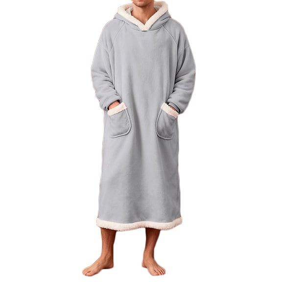 Afuyipoi Men Fleece Pullover Night Robe, With Pockets Long Sleeve Bathrobe Soft Hooded Gray XL