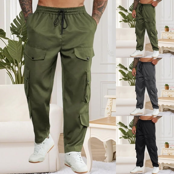 Afuyipoi Men Girls Cargo Pants,Breathable Multiple Pockets Solid Color Elastic Waist Outwear Pants Army Green S/30