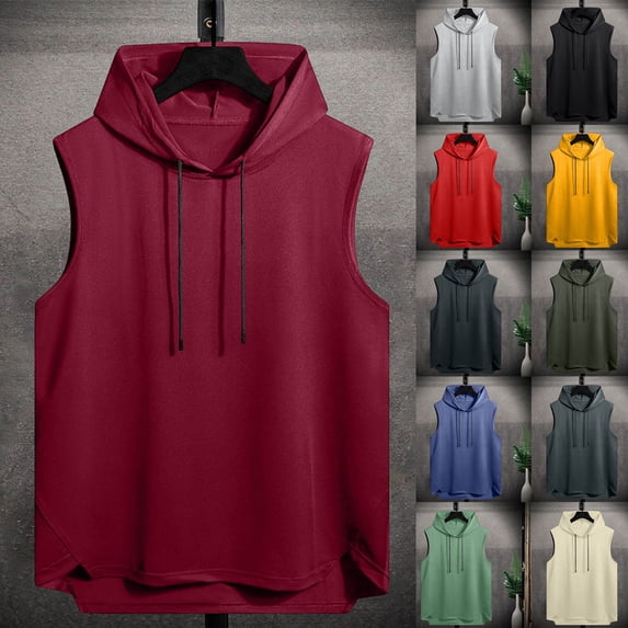 Afuyipoi Men Hooded Vest Sleeveless Solid Tone Athletic Cut Stretch Tops Green Size XL