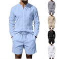 thumbnail image 1 of Afuyipoi Men Linen Shirt & Short Set, Lounge Long Sleeve Lightweight Men Elastic Waist Beach Kit White L, 1 of 9