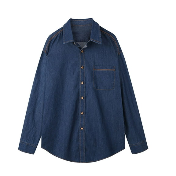 Afuyipoi Men Long Sleeve Oversized Button Up Shirt,with Pocket Lightweight Solid Business Shirt Dark Blue L