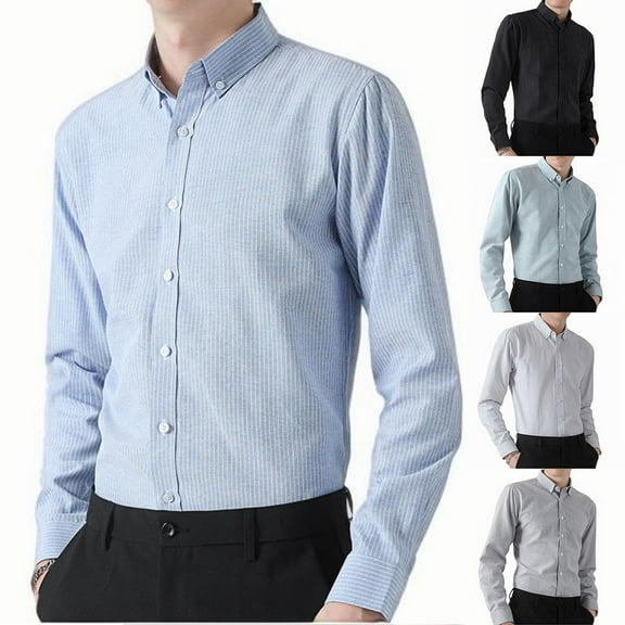 Afuyipoi Men Long Sleeve Workwear Button-Up Shirts,Lightweight Casual Solid Woven Collar Button Tops Blue L