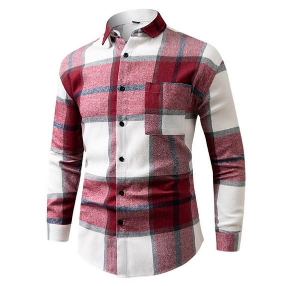Afuyipoi Men Oversized Button Up Shirt,Long Sleeved with Pocket Collared Checkered Shirt Red 4XL