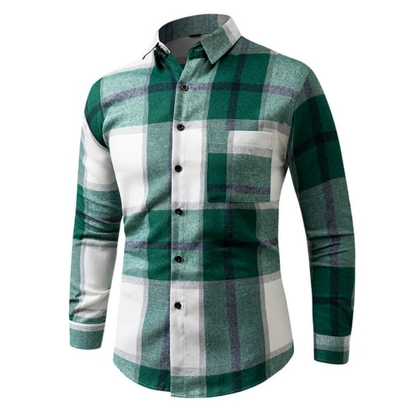 Afuyipoi Men Oversized Button Up Shirt,with Pocket Collared Long Sleeved Checkered Shirt Green L