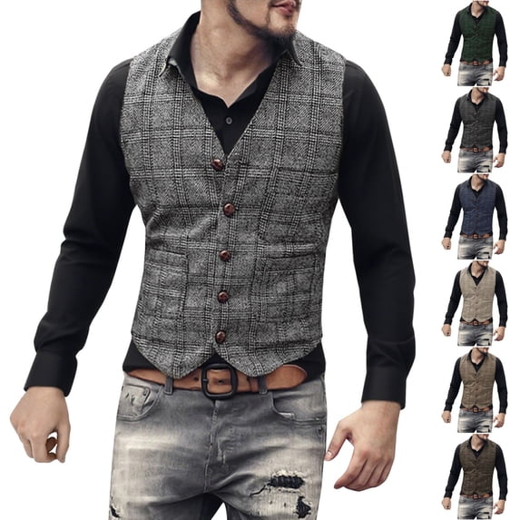 Afuyipoi Men Plaid Vest V Neck Single Breasted Button Front Formal Vest Coffee Size XS