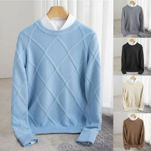 Afuyipoi Men Pullover Sweater,Slender Fit Rounded Neck Solid Color Knitwear Long Sleeve Light Blue M