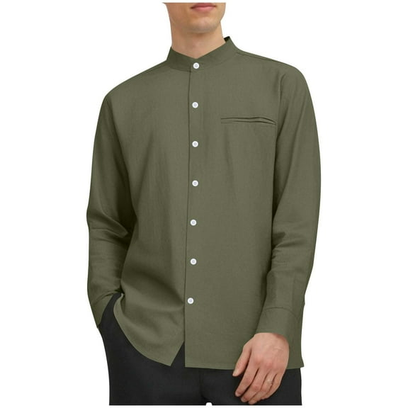Afuyipoi Men Solid Button-Up Shirts,with Pocket Solid Color Regular Fit Dress Shirt Men Army Green L