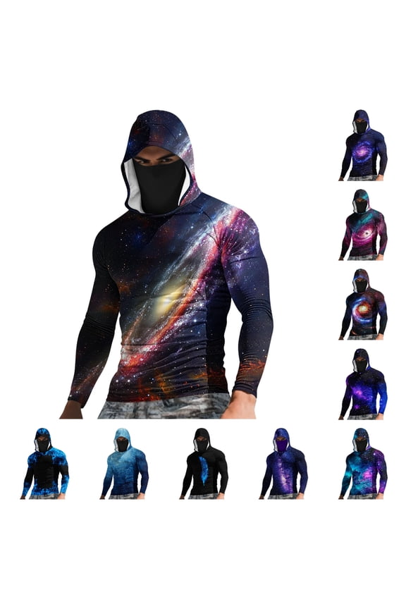 Men Sun Resistant Printed Hoodies,Long Sleeve Printed Face Mask Sun Protective Clothing Light Blue XL