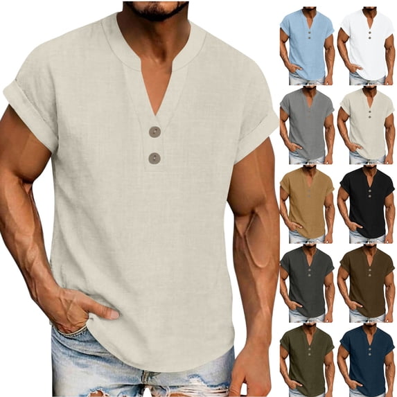 Afuyipoi Men T-Shirts,Button Basic Casual Semi-V Neck Short Sleeve Shirt Beige XL