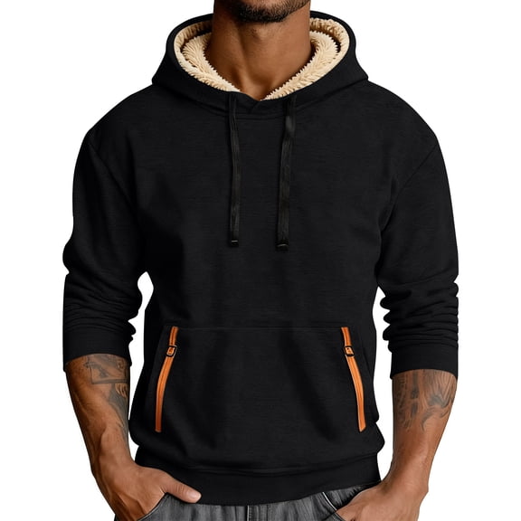 Afuyipoi Hoodie for Men,Warm Fleece Winter Pullover Sweatshirts Black 2XL