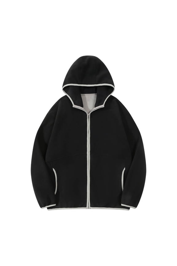 Men Terry Zip Hoodie,Pullover Long Sleeve Solid Fleece Hoodie Black XL