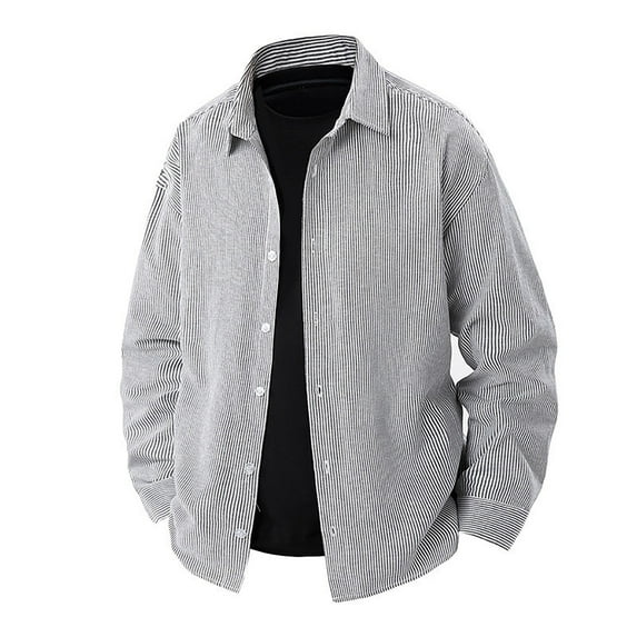 Afuyipoi Men Vintage Button-Up Shirts,Casual Long Sleeve Lightweight Business Collar Stripe Shirt Black M